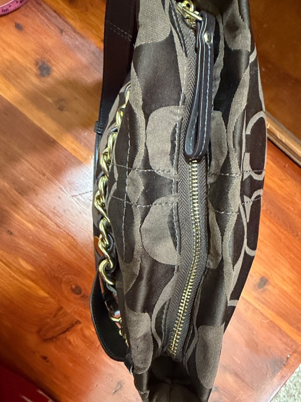 Coach Chocolate Brown Signature Sateen Leather Shoulder/Crossbody GoldTone Chain - Picture 14 of 15